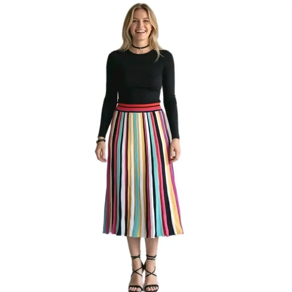 New‎ York & Co 7th Ave Skirt Sz XS Rainbow Stripe Knit Pleated Midi Artsy Boho